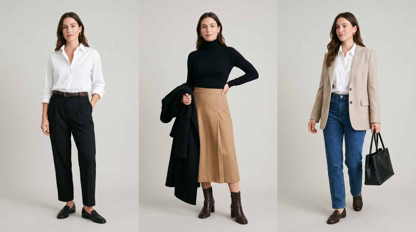 Ayni model uzerinde uc farkli minimalist ofis ve smart casual kombin lookbook serisi