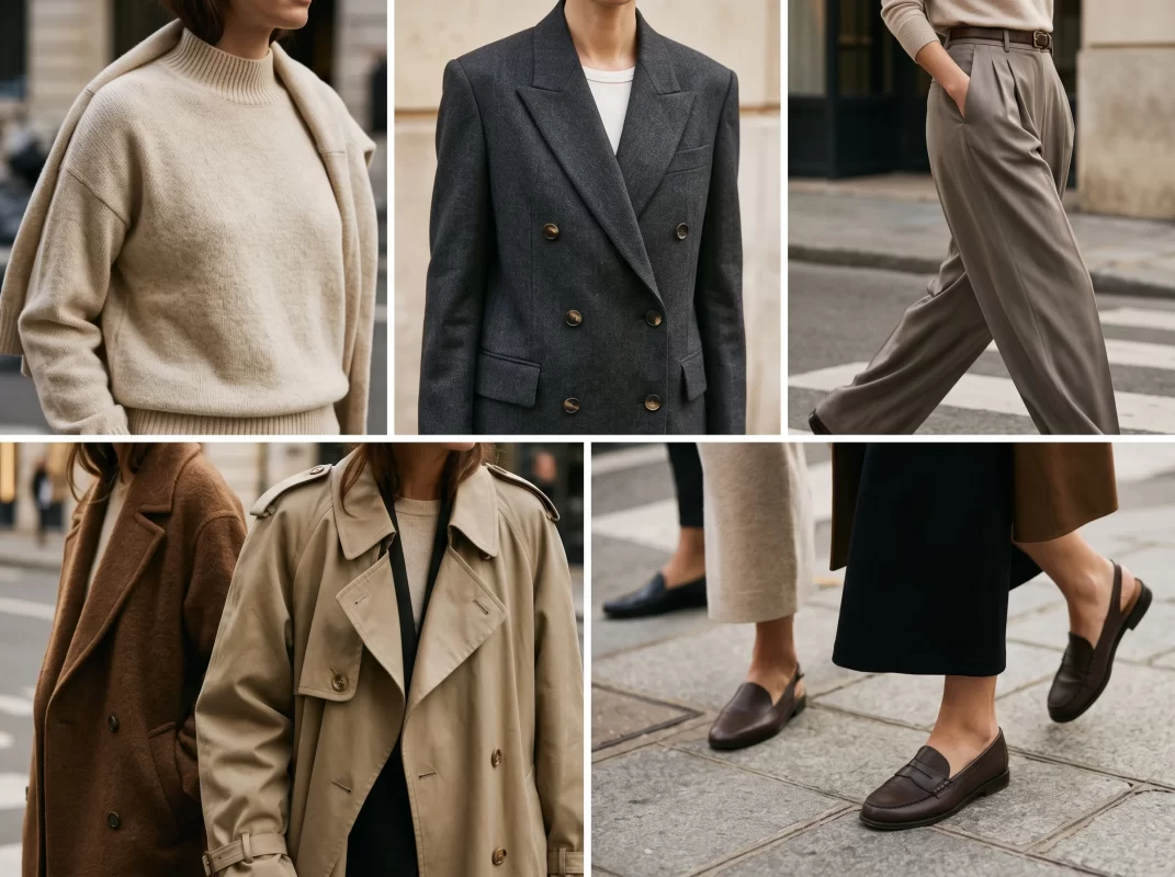 Beş kombin: krem polo triko ve gri pantolon, beyaz tişört ve kot, siyah saten elbise ve blazer, trençkot ve gömlek, haki keten gömlek ve beyaz pantolon.