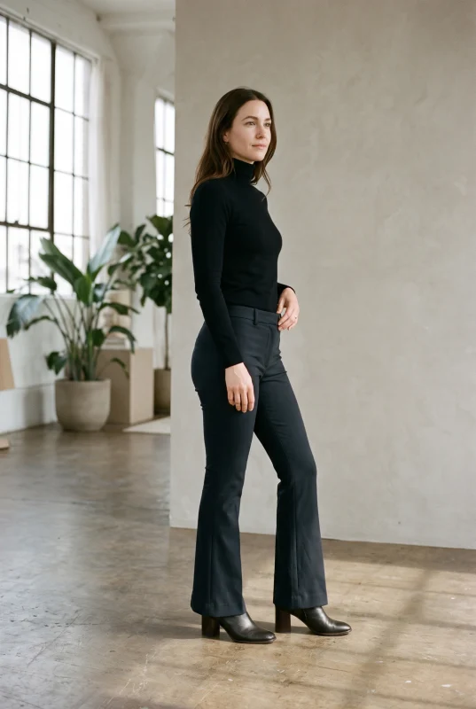 Yumuşak stüdyo ışığında sade nötr fonda siyah balıkçı yaka triko, dizden hafifçe genişleyen bootcut pantolon ve blok topuklu bot giyen kadın