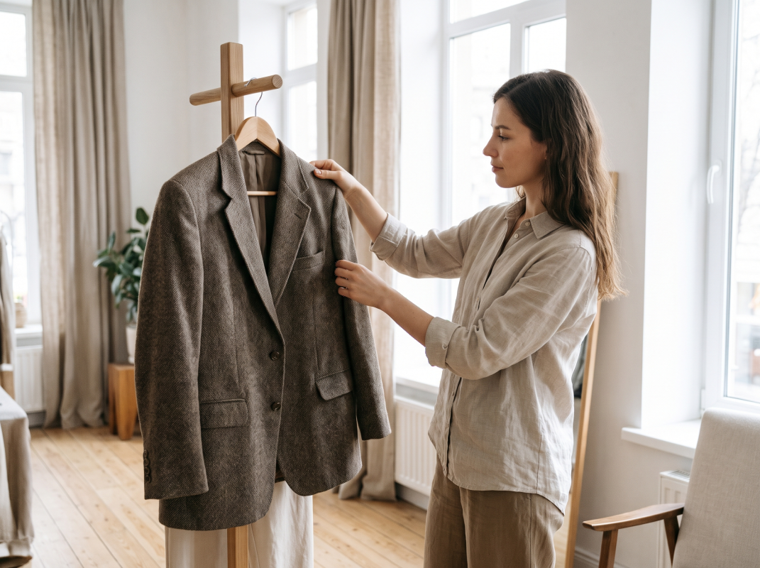 Aydınlık odada ahşap askılıktaki kahverengi dokulu tüvit blazer ceketi inceleyen keten gömlekli kadının ikinci el trend muadili stil tercihi