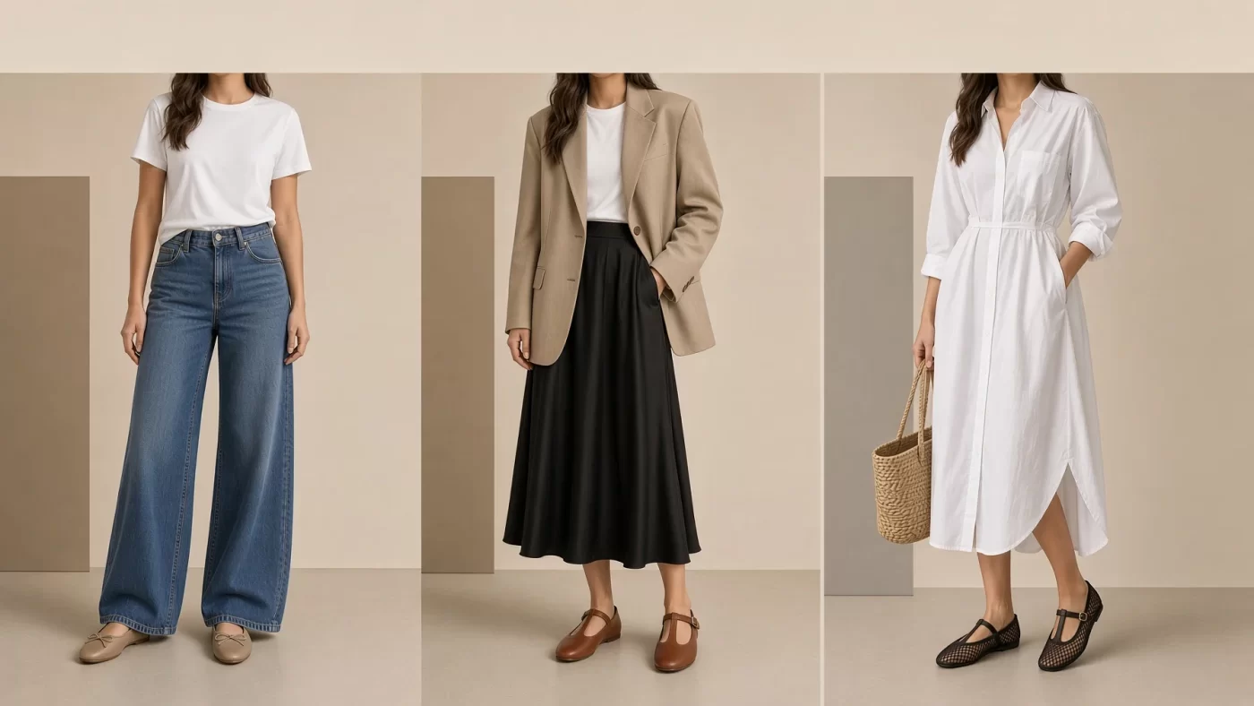 Geniş paça jean, midi etek ve gömlek elbise ile kombinlenmiş modern kadın babet modelleri