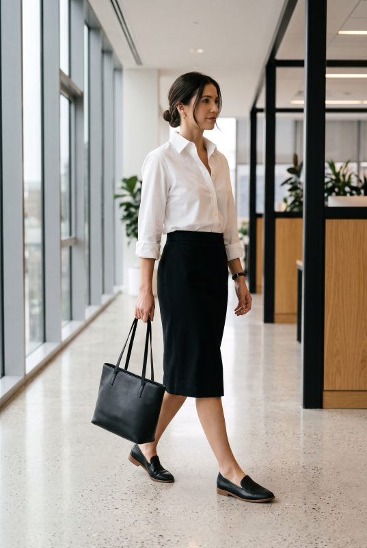 Modern ofis koridorunda beyaz gomlek siyah midi etek ve loafer ayakkabiyla yuruyen kadin