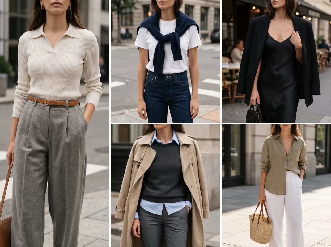 Krem triko kazak, antrasit kruvaze blazer, vizon pileli pantolon, deve tüyü kaban, bej trençkot ve kahverengi loafer’lardan oluşan sonbahar kombin kolajı.
