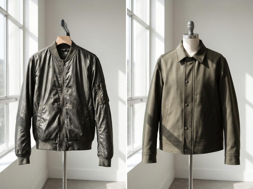 Manken üzerinde yan yana sergilenen parlak sentetik bomber ceket ile tok yün dokulu minimalist gömlek ceket arasındaki doğru ve yanlış trend muadili seçimi