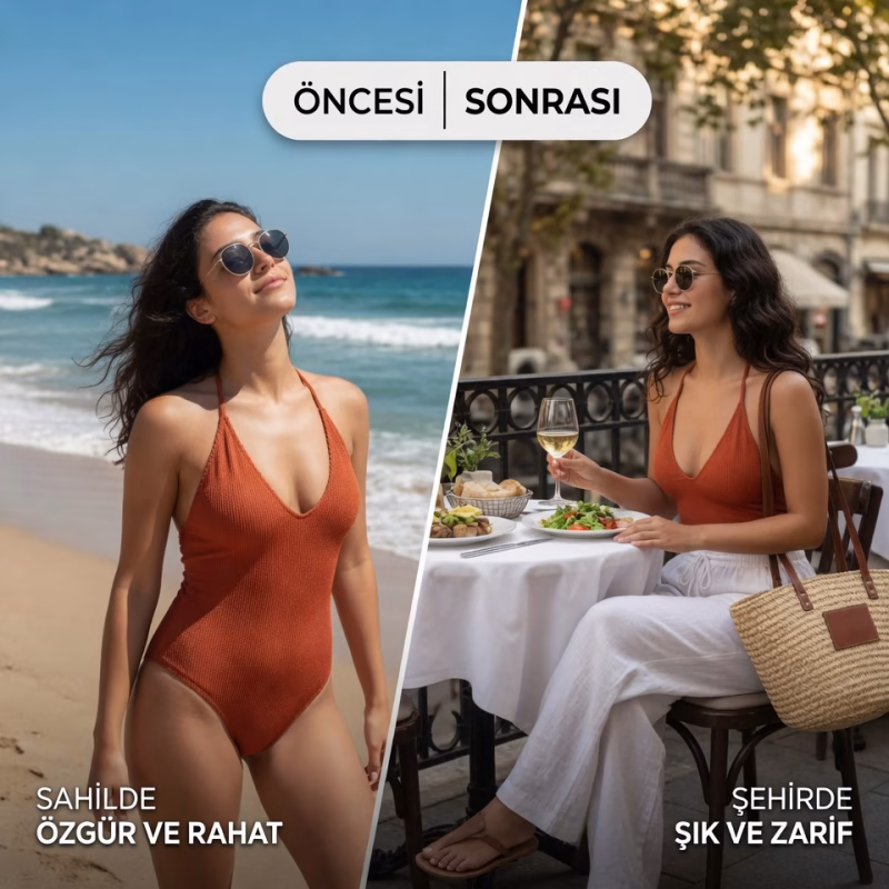 Plajdan şehre geçiş keten kombin ve hasır çanta modelleri