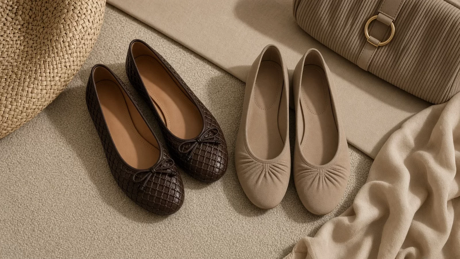 Krem zemin üzerinde kahverengi örgü deri ve bej süet büzgülü ballet flats babet modelleri