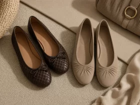 Krem zemin üzerinde kahverengi örgü deri ve bej süet büzgülü ballet flats babet modelleri