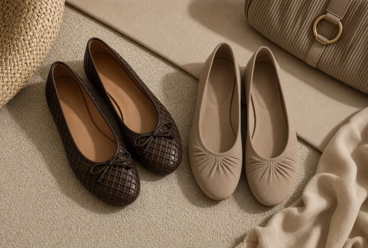 Krem zemin üzerinde kahverengi örgü deri ve bej süet büzgülü ballet flats babet modelleri