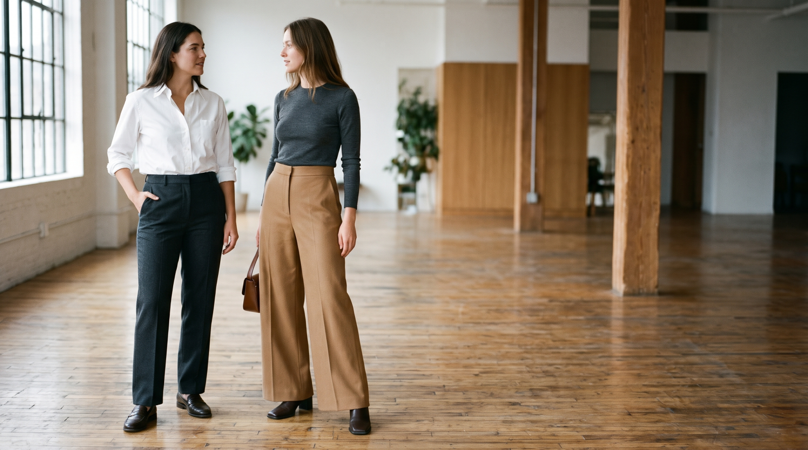 Modern ve aydınlık bir ofis koridorunda yüksek bel düz paça kumaş pantolon, beyaz poplin gömlek ve siyah deri loafer ayakkabı ile yürüyen kadın
