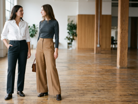 Modern ve aydınlık bir ofis koridorunda yüksek bel düz paça kumaş pantolon, beyaz poplin gömlek ve siyah deri loafer ayakkabı ile yürüyen kadın