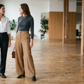 Modern ve aydınlık bir ofis koridorunda yüksek bel düz paça kumaş pantolon, beyaz poplin gömlek ve siyah deri loafer ayakkabı ile yürüyen kadın