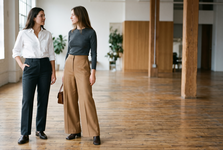 Modern ve aydınlık bir ofis koridorunda yüksek bel düz paça kumaş pantolon, beyaz poplin gömlek ve siyah deri loafer ayakkabı ile yürüyen kadın