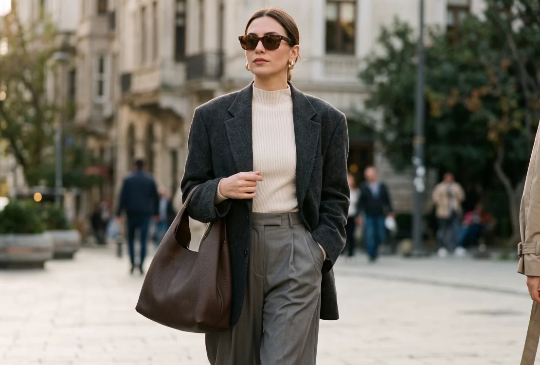 Güneş gözlüklü kadın; antrasit oversize blazer, krem dik yaka triko, gri bol paça pantolon ve kahverengi deri omuz çantasıyla sokakta yürüyor.