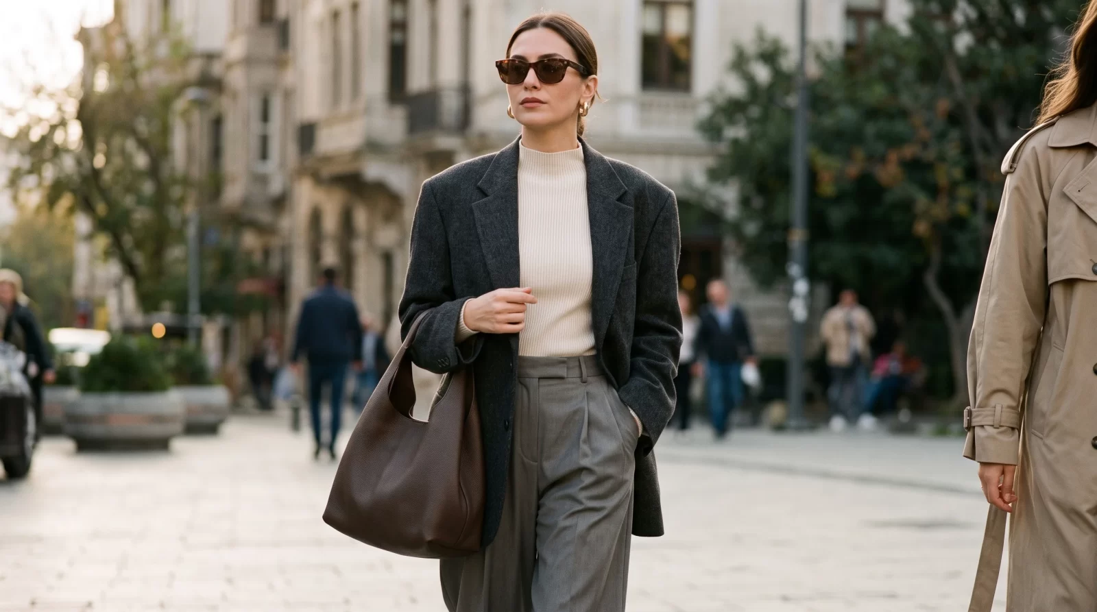 Güneş gözlüklü kadın; antrasit oversize blazer, krem dik yaka triko, gri bol paça pantolon ve kahverengi deri omuz çantasıyla sokakta yürüyor.
