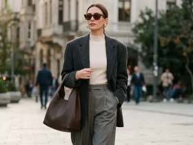 Güneş gözlüklü kadın; antrasit oversize blazer, krem dik yaka triko, gri bol paça pantolon ve kahverengi deri omuz çantasıyla sokakta yürüyor.