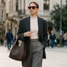 Güneş gözlüklü kadın; antrasit oversize blazer, krem dik yaka triko, gri bol paça pantolon ve kahverengi deri omuz çantasıyla sokakta yürüyor.