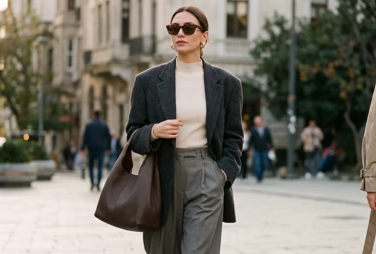 Güneş gözlüklü kadın; antrasit oversize blazer, krem dik yaka triko, gri bol paça pantolon ve kahverengi deri omuz çantasıyla sokakta yürüyor.
